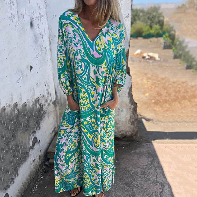 Vestido Maxi de Mujer Bohemio con Escote en V y Estampado Abstracto