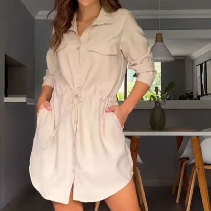 Women's Casual Lapel Waist Shirt Dress