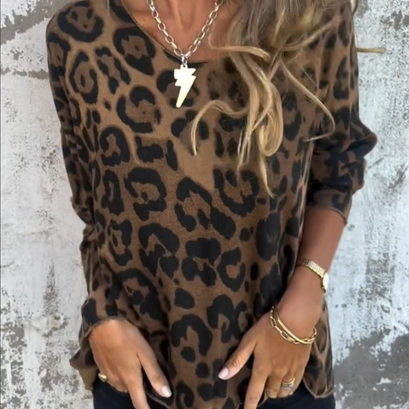 Women's Leopard Print Crew Neck Stretch Top